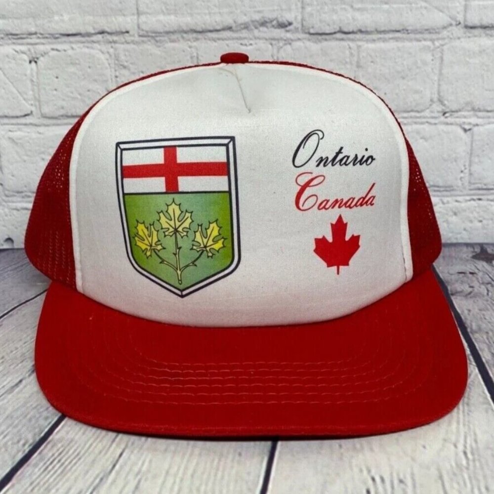 Vintage Hat Cap Snapback Red White Ontario Canada Trucker Mesh Shield Taiwan